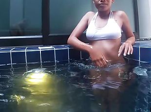 Amateur teen couple hot sex in the pool She is Asian he is European
