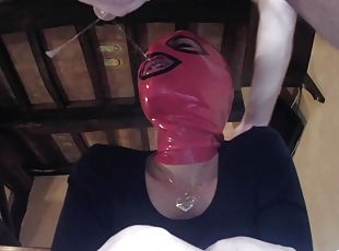 Kinky girl with a pink mask loves giving deepthroat to her boyfriend