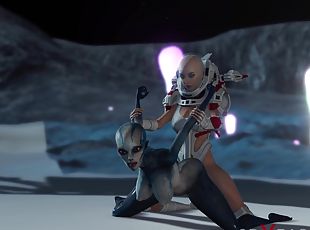 Alien sex. Spacewoman in spacesuit plays with alien on the exoplanet