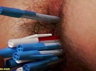 Skinny redhead babes hairy bush asshole gets toyed with pens and deep fucked