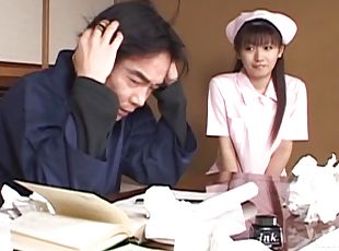 Hardcore fucking ends with cum on tits for a Japanese nurse