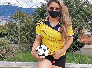 Latina tries to play football with vibrator in her pussy