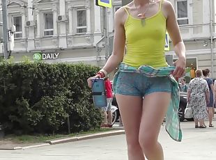 Jeny Smith walks in public with transparent shorts. Real flashing moments