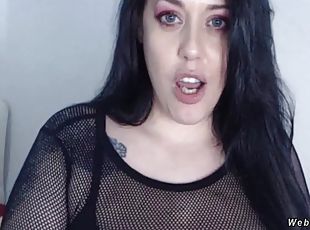 Huge tits brunette solo amateur beauty in black fishnet top and sto...