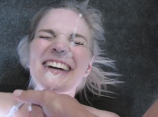 British blonde slut gets her face covered with sticky jizz