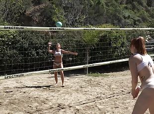 Group of friends playing volleyball decided to have massive orgy after