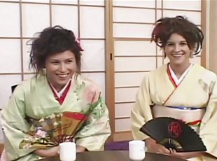 Sexy chick in kimono likes rough group sex more than anything else
