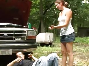 Cute big tit girlfriend  distract her boyfriend from working on his truck!
