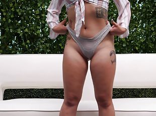 Tattooed redhead Shyla takes off her panties and fucks big black cocks