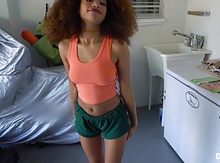 Curly haired ebony Cecilia Lion gets a huge cum shot on her belly