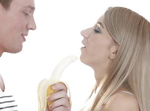 Tequila Girl eats a banana and then stuffs a hard cock deep inside her