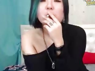 asiático, amador, mulher-madura, fetiche, fumando