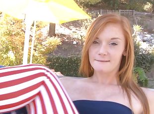 Redhead cuteness Alex Tanner places her pussy on a stiff dong