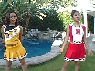 asiatiche, interraziali, trio, cheerleader, uniformi, minigonne