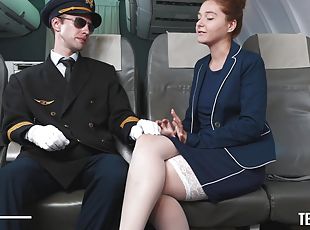 Aroused stewardess fucks the captain mid flight and swallows his jizz