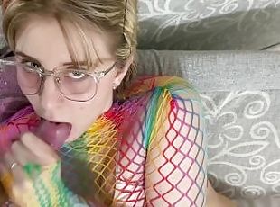 Cutie in net and glasses sucked to intense cum in her mouth and on ...