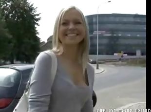 Gorgeous blonde makes a public handjob