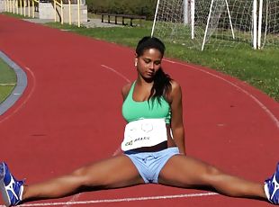 Running on the track makes teen pussy ooze with love juices