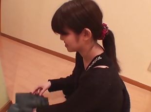 Japanese babe shows off legs and ass while farting