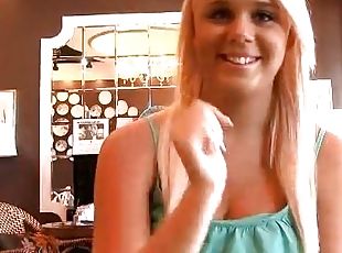 Bubbly blonde babe fondles her tits then fingers her pussy in public