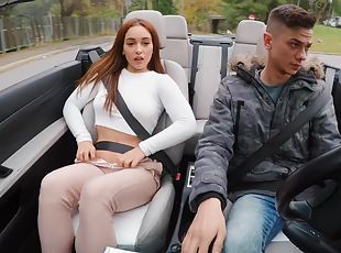 Naughty chick makes dude fuck her behind the wheel