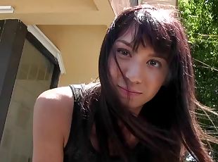 Seductive cowgirl with a shaved pussy gives a blowjob in  an outdoors pov clip