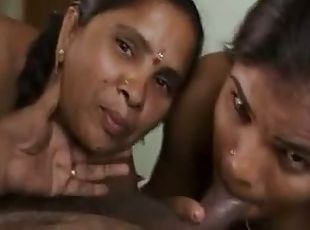 Two busty Indian bitches suck a prick in FFM video