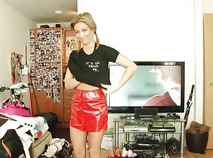 Blonde cutie in mini skirt gets ready before filming