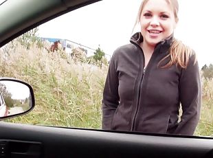 Gorgeous teen girl gets in his car and gives great head