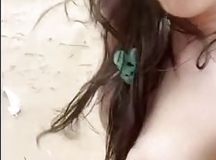 Hot shemale with wind on the beach masturbation and cum
