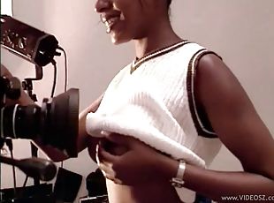 Compassionate ebony with natural tits giving her gentleman superb blowjob