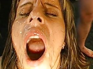 Horny blonde covered in sticky jizz