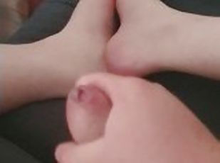 Tight uncut hairy boy show feet and cum