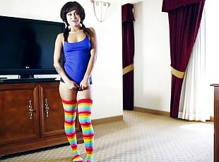 Cutie in socks strips for him and goes down on his boner