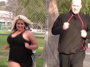 Busty blonde bbw burns calories on a big cock doggy style