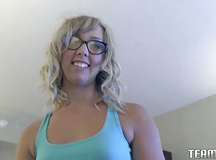 Small boobed girl in glasses has a wonderfully tight shaved cunt