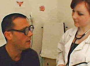 Adorable doctor in white dress likes her patient