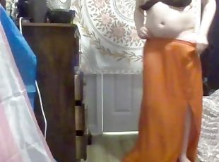 Awkward trans girlfriend striptease in long orange skirt to full nu...