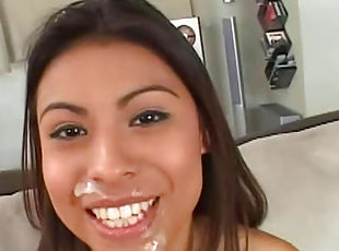 Horny Latina babe enjoys facial cumload