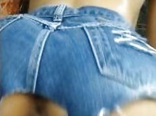 Young oiled Asian in buns and cut-out jean shorts riding white cock...