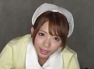 Pretty Japanese nurse Mari Rika drops on her knees to give head