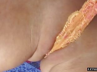 Shaved pussy blonde with natural tits loves big cocks pleasure