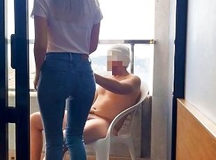 I call the girl at the hotel reception to close my window and she helps me by giving me a blowjob