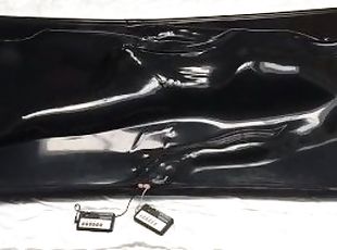 Boy in trouble. Plays with electro chastity in vacbed. Vaccleaner starts. No escape, then cums