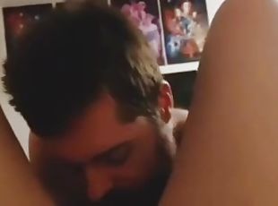 Real couple, bearded tattooed daddy eats curvey mommy's multi-orgasmic pussy.