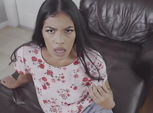 Beautiful Latina room-mate Maya Farrell gives head and moans during sex