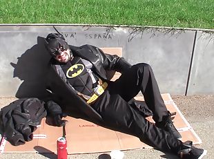 Costumed fetish fuck with batman giving cum to catwoman