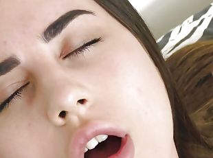 Solo brunette Regina Rich masturbates moaning with glass dildo in 4K.