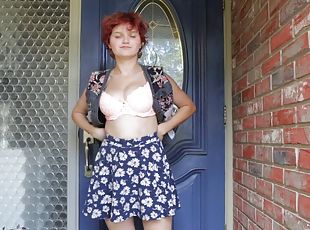 Redhead gets naked to take some pictures just outside the house