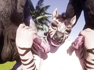 FMM Threesome Furry Zebra Double Penetrated by Huge Cock Horses Yif...